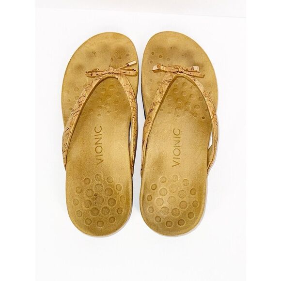 Vionic Bella Sandal Beige Neutral Flip Flop Bow Gold Cork Toe Post Comfort Sz 6 - Picture 10 of 16